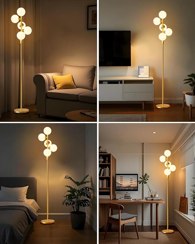 Lightdot Dimmable Globe Floor Lamp Mid Century Modern Floor Lamp with 5Pcs 3000K Bulbs Included Brightness Adjustable Gold Standing Lamps for Living Room Bedroom/Sofa Beside/Corner Decor