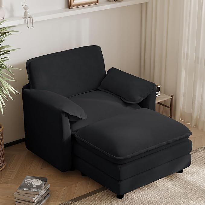 Oversized Chaise Lounge Chair Indoor with Ottoman, Firm Solid Wood Frame with Long Service Life Chenille Oversized Lounge Reading Chair for Study Room - Black