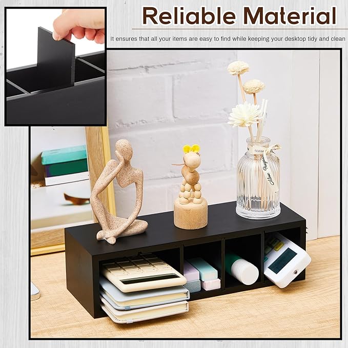 Jetec Wooden Pencil Pen Holder for Desk 5 Compartments Cosmetic Makeup Brush Stationery Office Desktop Organizers for Countertop Adjustable Silverware Caddy for Party, Art Supplies,Home decor(Black)