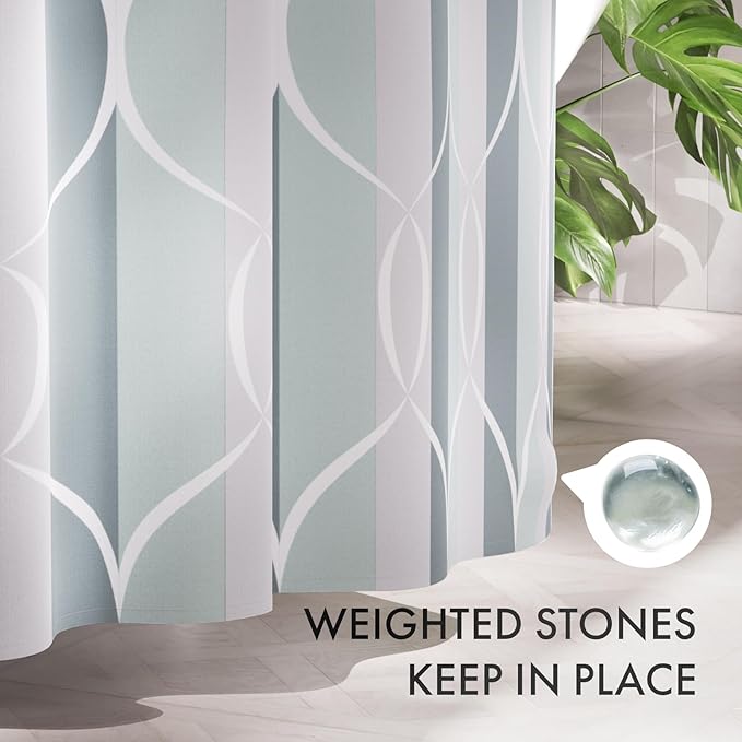 AmazerBath Shower Curtain Sets, Washable Cloth Geometric Green-Grey Stripped Fabric Shower Curtain with 12 Metal Hooks, Luxury Home Farmhouse Polyester Bathroom Decor Shower Curtains, 72x72 Inches