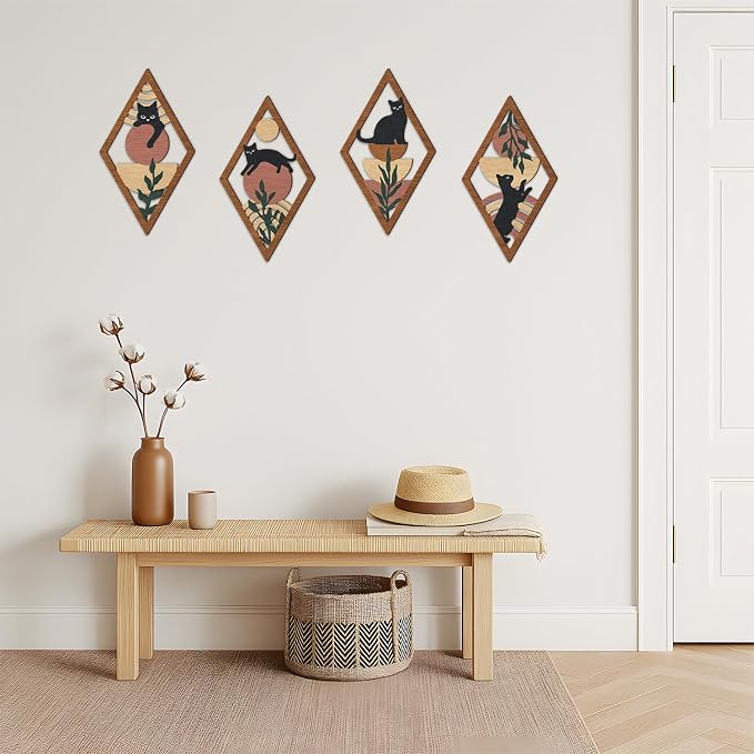 TOARTi 4Pcs Minimalist Boho Black Cat Wall Art Set Geometric Wooden Cat Wall Decor Bohemian Black Cats Hanging Sign Abstract Boho Cats Wood Sign for Bedroom Living Room Farmhouse Aesthetic Geometric Artwork