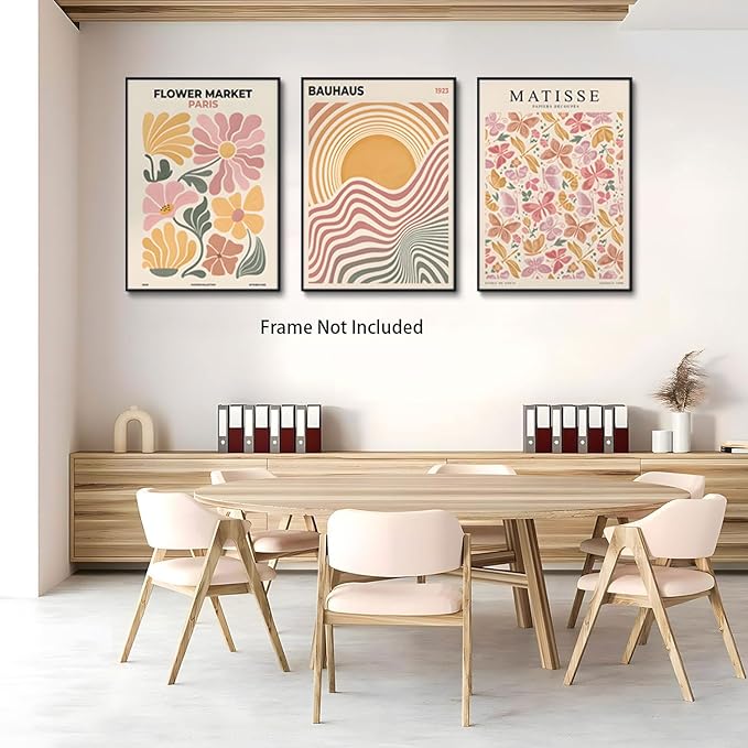 BingruiArt Boho Abstract Wall Art Yellow Canvas Flower Market Posters Set of 3 Bauhaus Pictures Matisse Print Floral Aesthetic Painting Decor for Dorm Living Room Bedroom 16"x24" Unframed