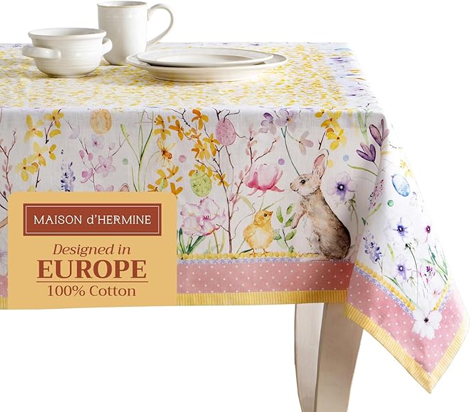 Maison d' Hermine Table Cloth Square Table 100% Cotton 54 x 54 Inches Tablecloth Reusable Decorative for Dining Room Farmhouse Home Valentines Day Decorations Spring Summer - Easter Zest