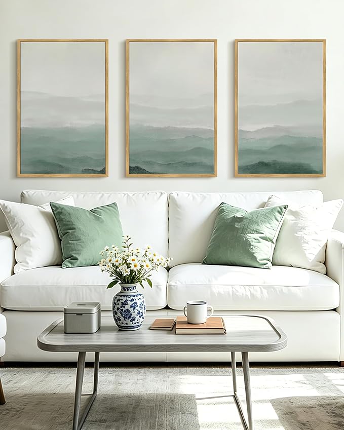 KUVIOKE Green Watercolor Mountains in Fog Framed Canvas Wall Art Wilderness Nature Landscape Artwork Painting Boho Rustic Scenic Relax Cool Room Decor for Bedroom Living Room 24x36in (Natural Framed)