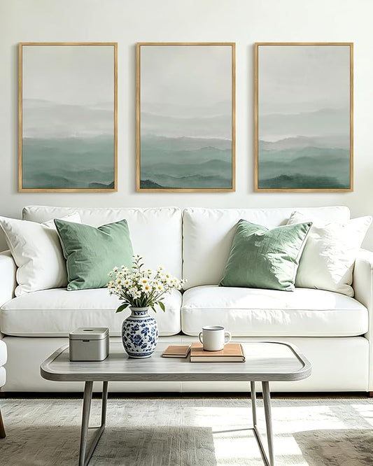 KUVIOKE Green Watercolor Mountains in Fog Framed Canvas Wall Art Wilderness Nature Landscape Artwork Painting Boho Rustic Scenic Relax Cool Room Decor for Bedroom Living Room 24x36in (Natural Framed)