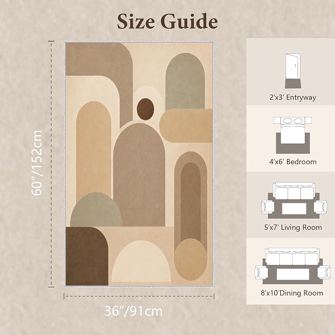 Neutral Geometric Area Rug 3x5, Mid Century Modern Abstract Rug, Soft Taupe Beige Color Block Washable Low Pile Non Slip Rug for Living Room Bedroom