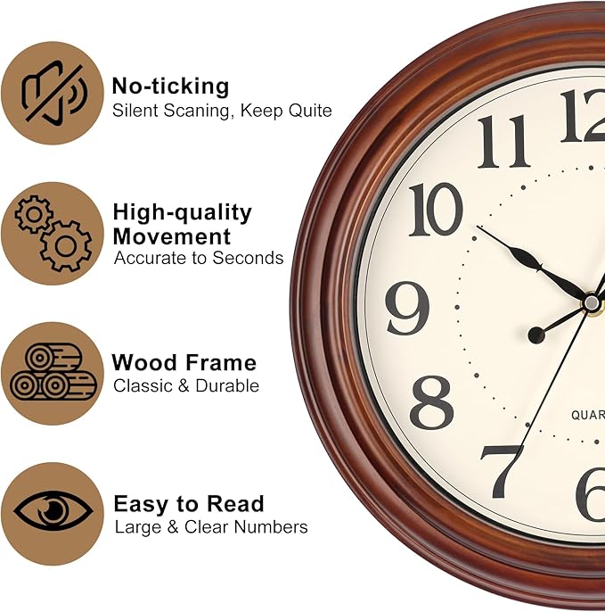 12 Inch Wood Wall Clock, Retro Wooden Wall Clocks Battery Operated, Silent Wall Clock for Living Room Bedroom Housewarming Xmas New Year Present