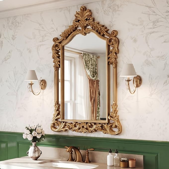 Large Retro Gold Mirror for Wall Decor 30"x47" Vanity Antique Baroque Ornate Wall Mirrors Victorian Arched Mirror for Bathroom, Living Room, Entryway, Fireplace, Bedroom