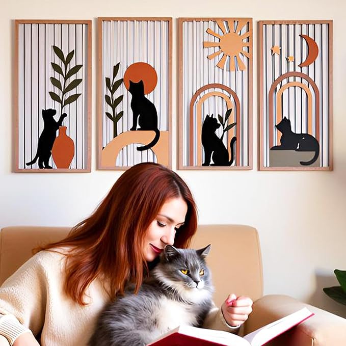 SHENGTIAN 4 Piece Unique Wall Art Set, Aesthetic Cat Art - Geometric Boho Wood Art, Black/Funny Cat Prints, Mid Century Modern Style, for Farmhouse/Office/Bedroom/Living Room, Narrow Vertical Design