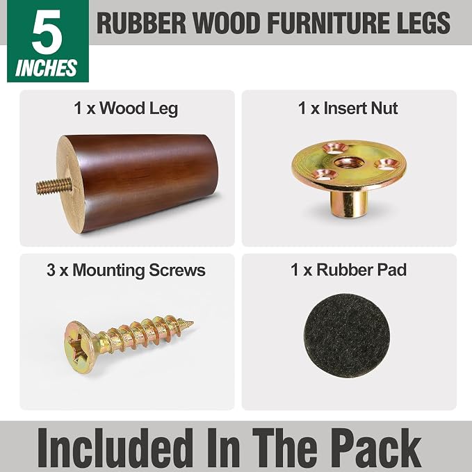 FoDau770 Brown Rubber Wood Furniture Legs 5 Inches, 5/16" UNC Straight Tapered Wood Feet Mid Century Sofa Legs, Wooden Furniture Feet Replacement Parts for Cabinet Couch Dresser Chair Ottoman Table