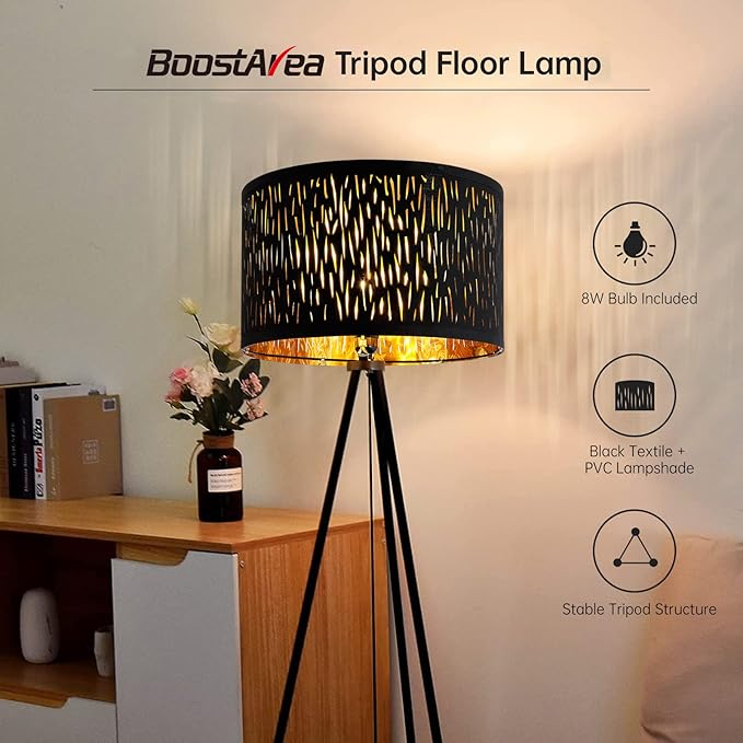 BoostArea Floor Lamp, Tripod Floor Lamp, 8W LED Bulb, Decorative Lamp Shade, Mid Century Standing Lamp for Living Room, Bedroom, Study Room and Office