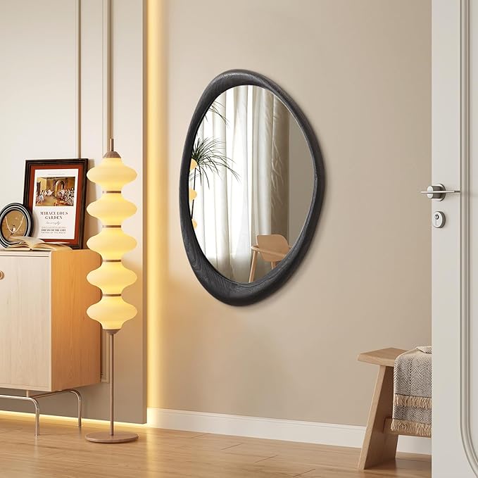 AAZZKANG Irregular Wall Mirror 28"x20" Black Asymmetrical Wall Mounted Mirrors Modern Wood Frame Mirror Large for Bathroom Bedroom Living Room Entryway