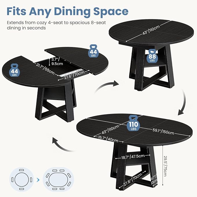 DUMOS Extendable Round Dining Table for 4-8, Modern Kitchen Oval Dinner Table with Storage Shelf, Wood Pedestal Table, Space Saving Modern Style, Black