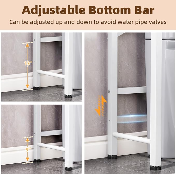 Kalrin Over The Toilet Storage Cabinet with Fluted Wave Doors and Adjustable Shelf, Wood Over Toilet Storage Rack with Drain Basket, Freestanding Bathroom Organizer for Balcony Laundry, Black & White