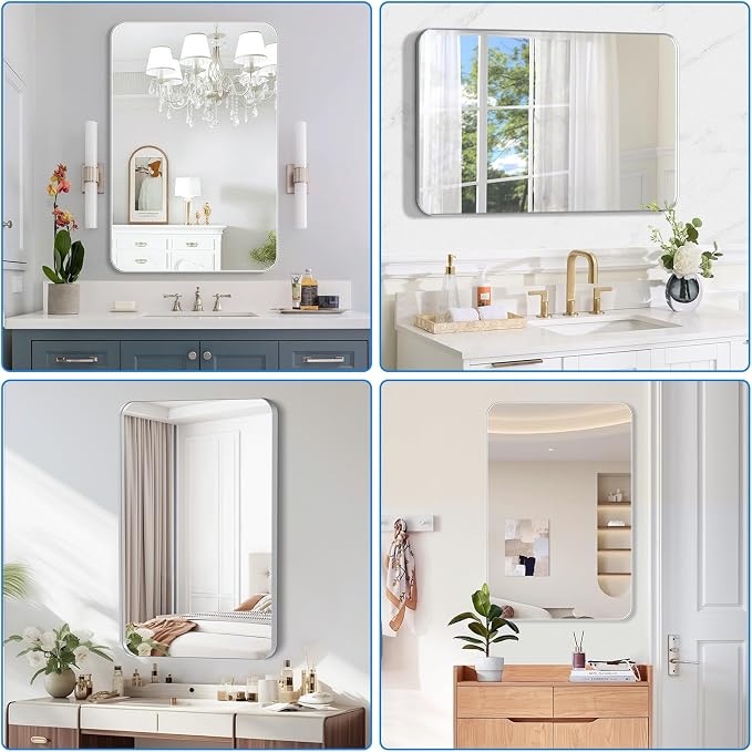 Brushed Nickel Bathroom Mirror for Over Sink, 24" x 36" Framed Rectargular Wall-Mounted Bathroom Mirrors for Vanity, Decorative, Farmhouse, Restroom, Horizontally or Vertically Hanging