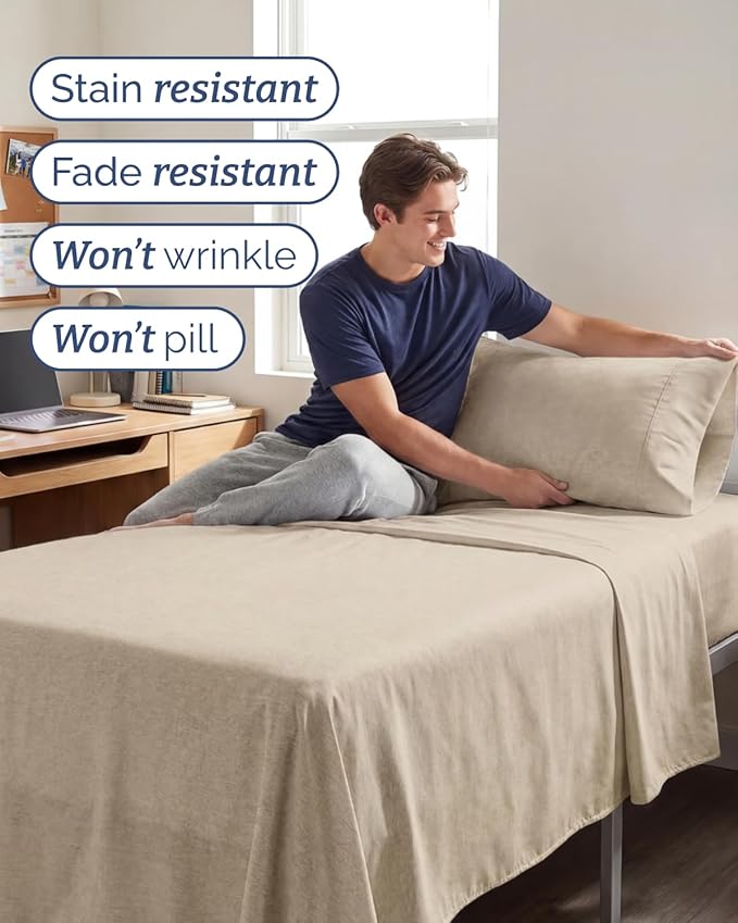Twin XL Size 3 Piece Sheet Set - Comfy Breathable & Cooling Sheets - Hotel Luxury Bed Sheets for Women & Men - Deep Pockets, Easy-Fit, Soft & Wrinkle Free Sheets - Heathered Beige Oeko-Tex Bed Sheets