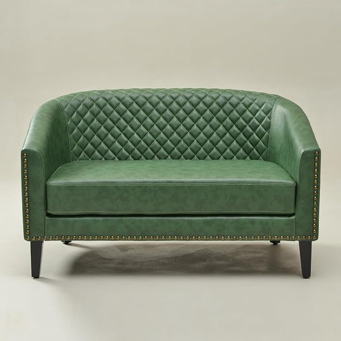 KINWELL 50" Faux Leather Upholstered Loveseat Sofa with 2 Swivel Barrel Accent Chairs, Minimalist Comfy 2-Seater Couch and Armchair for Small Spaces Apartment, Green