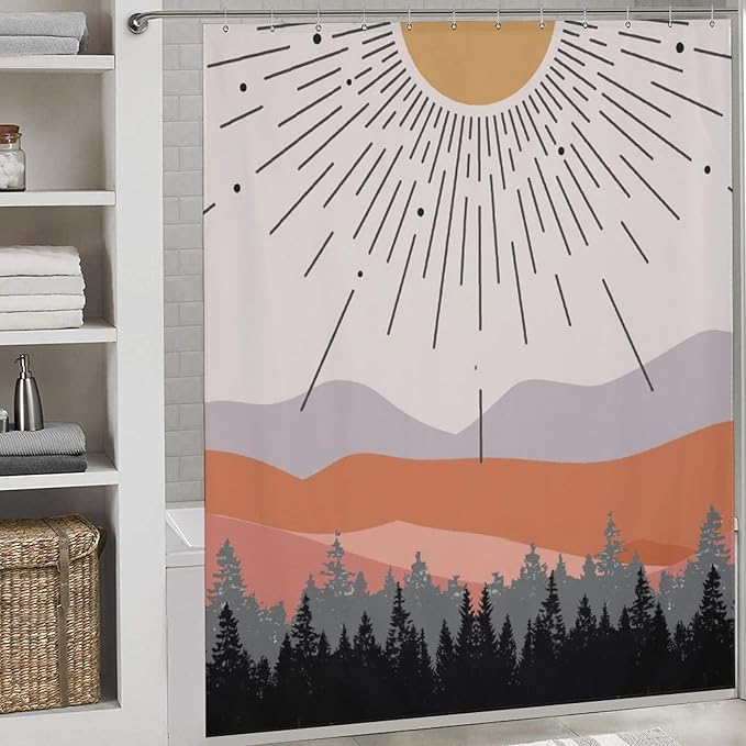 Mid Century Boho Shower Curtain,Abstract Sunset Geometric Mountain Forest Aesthetic Bathroom Curtain Polyester Waterproof Fabric Decor 72x72in（183x183cm）