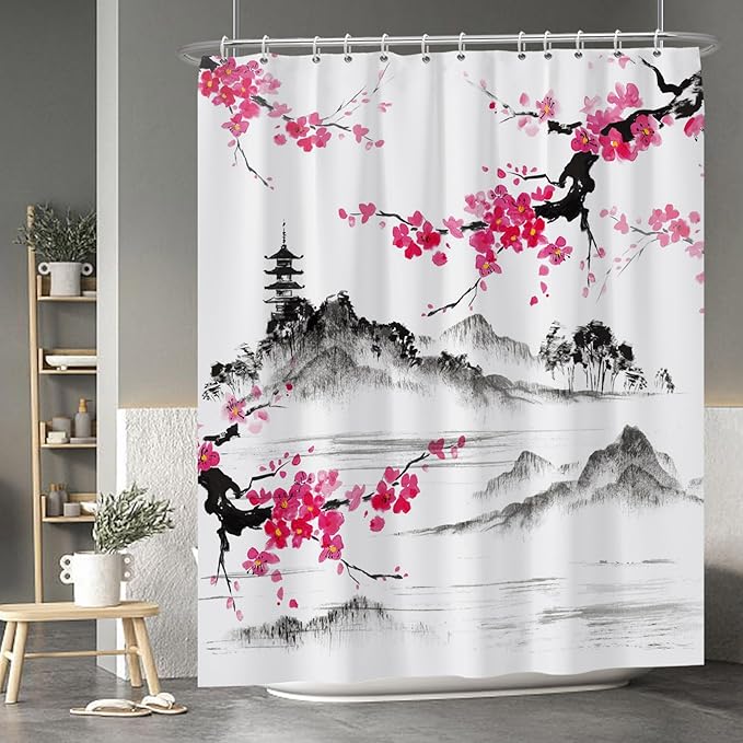 Baocicco Plum Blossom Shower Curtain Pink Cherry Blossom Floral Misty Mountains Shower Curtains Decorative for Bathroom Waterproof Fabric Shower Curtain with Hooks 72x84 Inches