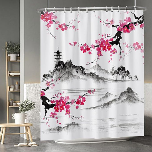 Baocicco Plum Blossom Shower Curtain Pink Cherry Blossom Floral Misty Mountains Shower Curtains Decorative for Bathroom Waterproof Fabric Shower Curtain with Hooks 72x84 Inches