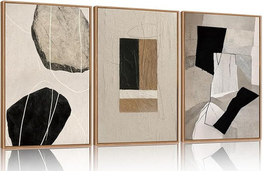 FWIEXA Modern Abstract Wall Art Set of 3, Black White Framed Paintings for Living Room, Neutral Beige Pictures Wall Decor, 16x24 Inch Minimalist Prints for Bedroom, Bathroom, Hallway, Office