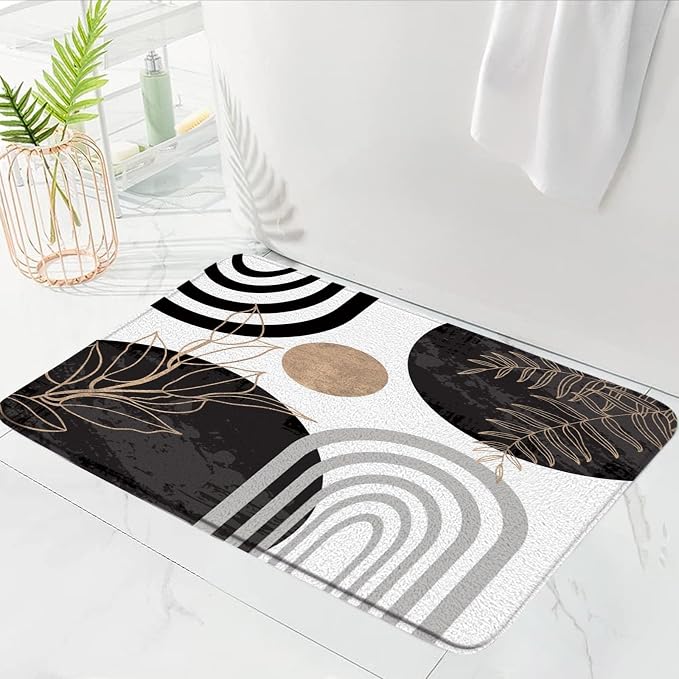 Boho Mid Century Bath Mat Black White Moern Minimalist Leaves Arch Abstract Retro Bathroom Mat Rug Memory Foam Doormat，16x48 Inch