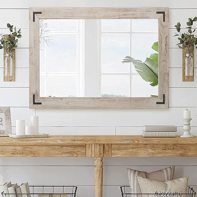 YOSHOOT Rustic Wooden Framed Wall Mirror, Natural Wood Bathroom Vanity Mirror for Farmhouse Decor, Vertical or Horizontal Hanging, 60" x 30", Grey