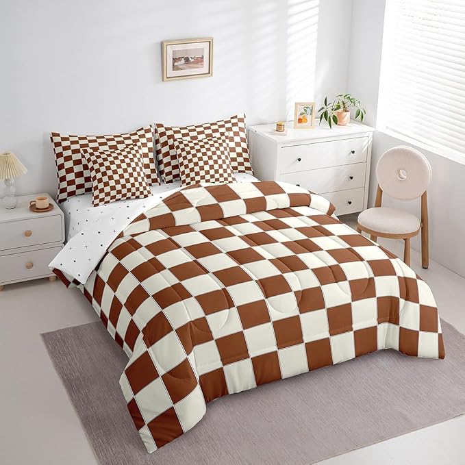 Erosebridal Plaid Twin Comforter Set 7 Piece Beige Caramel Brown Checkerboard Bed in A Bag with Sheets Geometric Checkered Bedding Set for Kids Boys Girls,Aesthetic Grid Bed Set