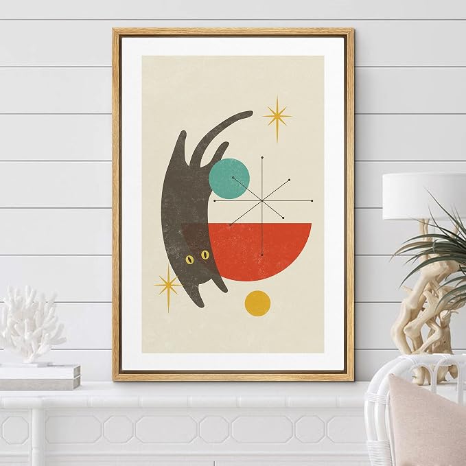 Woodrose Framed Canvas Print Wall Art Geometric Symbol Cartoon Black Cat Animals Shapes Illustrations Modern Minimalist Chic Relax/Calm Multicolor for Living Room, Bedroom, Office - 16"x24" Natural
