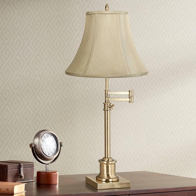 360 Lighting Westbury Traditional Swing Arm Desk Table Lamp Adjustable Height 36" Tall Antique Brass Imperial Taupe Fabric Bell Shade for Living Room Bedroom House Bedside Nightstand Home