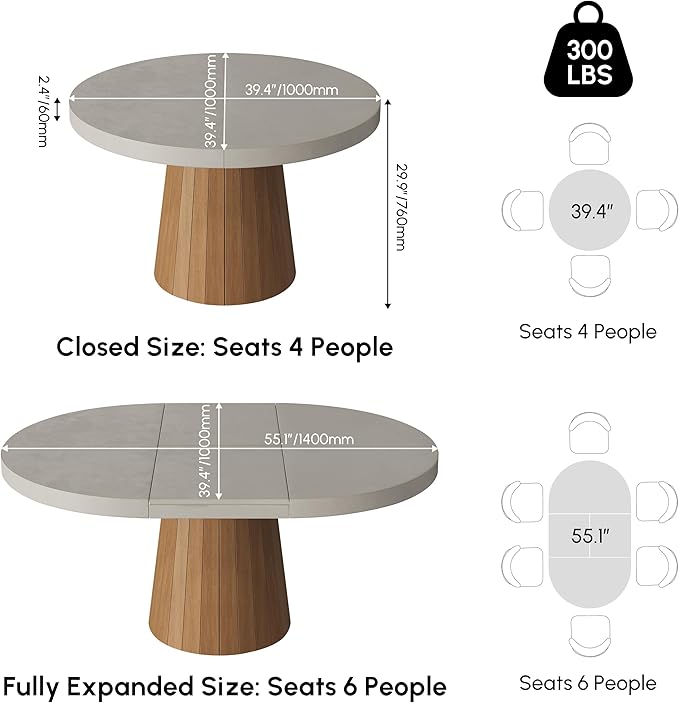 homary 39"-55" Round Extendable Dining Table Farmhouse Oval Kitchen Table Pedestal Dining Room Table for 6 Persons