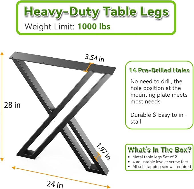 Modern Industrial Metal Legs for Table 28In High x 24In Wide Desk Legs DIY Black X-Shape Heavy Duty Furniture Legs for Dining,Console,Game Table(Set of 2)