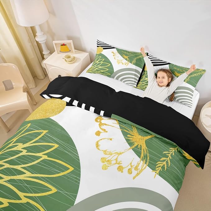 Mid Century Modern Duvet Cover King Size for Kids Teens Adults - White and Green Abstract Comforter Cover Boho Minimalist Aesthetic Bedding Set Chic Modern Geometric Bohemian Floral Bed Set