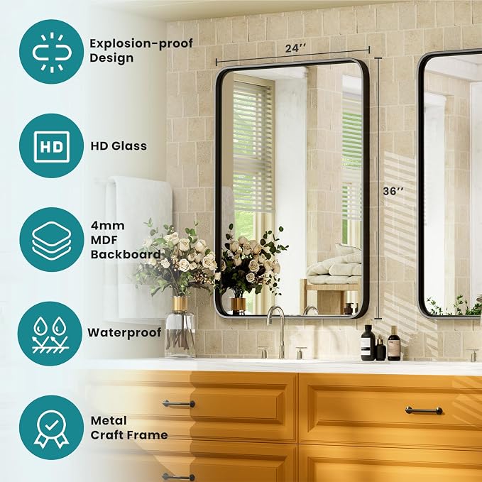 NEWBULIG 30X40 Inch Bathroom Wall Mirror, Vanity Bathroom Mirrors for Over Sink Tempered Glass, Anti-Rust Metal Framed Rounded Rectangle, Hangs Horizontally or Vertically, Farmhouse Home Decor, Black