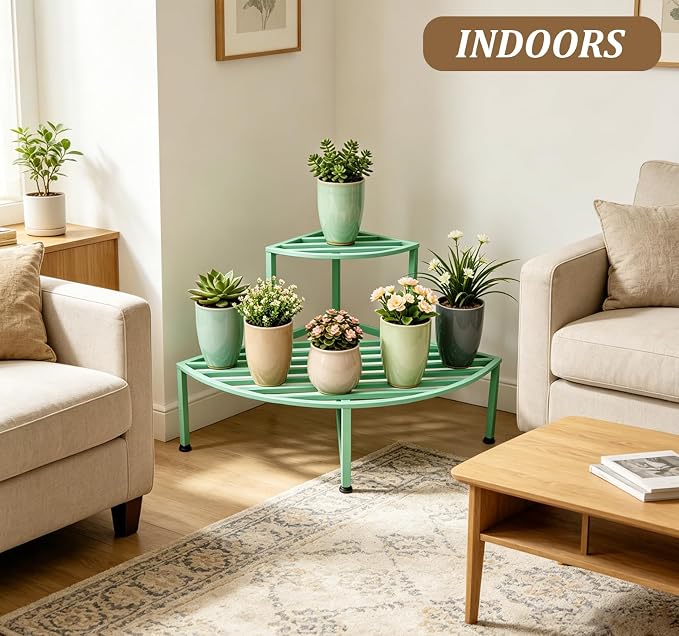Dipion Corner Plant Stand Outdoor Metal,2 Tier Heavy Duty Ladder Plant Shelf Indoor for Multiple Plants,37.08" L x 22.83" W x 20.07" H,Mint Green