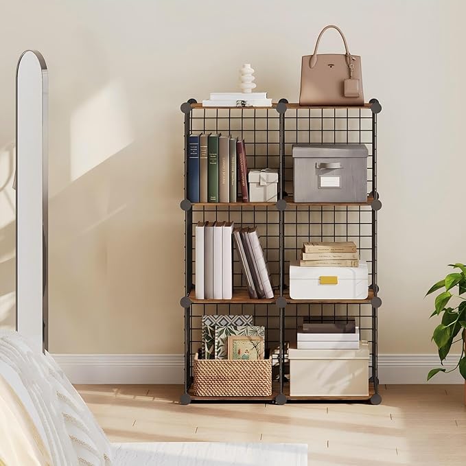 HOOBRO Wire Cube Storage Organizer, 6-Cube Shelves, Modular Shelves with Metal Grid, DIY Closet Cabinet for Living Room, Bedroom, Rustic Brown and Black BF06CW01