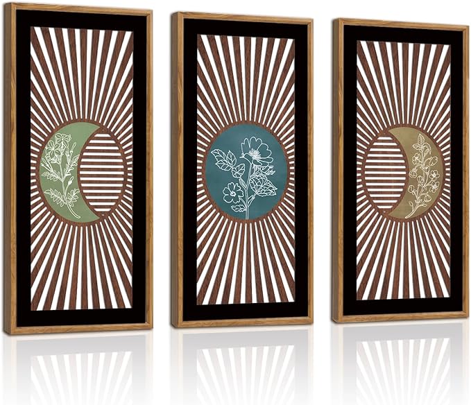 IARTTOP Moon Phase Wood Wall Decor Set of 3 Celestial Botanical Wall Art Boho Abstract Geometric Art Prints Minimalist Floral Moon Phase Decor for Home Living Room Bedroom 7.9x15.8Inch Framed
