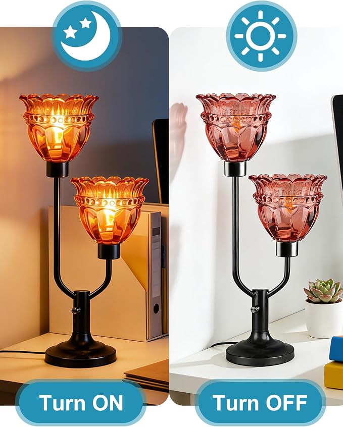 Lightdot Vintage Table Lamp Dimmable Mid Century Modern Black Desk Lamp Red Glass Nightstand Lamp 2 Bulbs Included Warmwhite Ambient Bedside Lamps for Living Room Bedroom Girls Room Home Office Decor