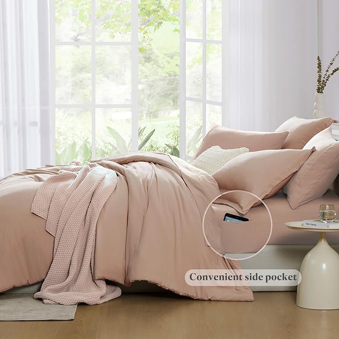 WRENSONGE Queen Comforter Set - 7 Pieces Clay Pink Soft Bed in a Bag Queen with Fitted Sheet, Flat Sheet, 2 Pillow Shams, and 2 Pillowcases- Warm Bedding Sets for All Season