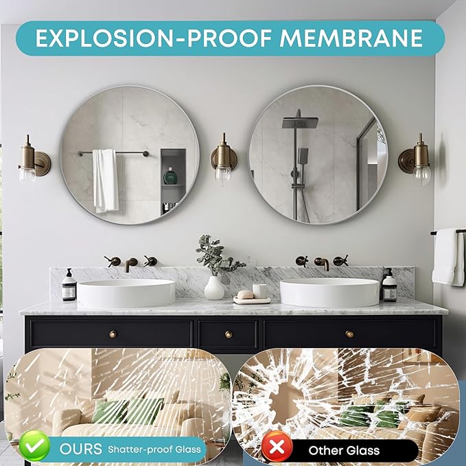 Round Mirror, Wall Mounted Circle Mirror with Brushed Metal Frame, Circular Mirrors for for Bathroom, Living Room, Vanity, Bedroom, Entryway, 30inch, Silver