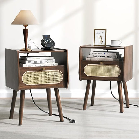 Nightstands Set of 2, Rattan Night Stand set 2 with Charging Station, Mid Century Modern Bedside Table with Drawer, Boho End Table with Solid Wood Legs, Bed Side Table for Bedroom, Small Space, Walnut