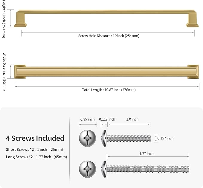 Lardmon 10 Pack 10 Inch(254mm) Hole Center Brushed Gold Modern Cabinet Pulls Kitchen Cabinet Handles Kitchen Cabinet Hardware Timeless Drawer Pulls for Dresser Cupboard Wardrobe, B-Gold(10x10)