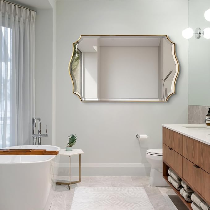 POZINO Brushed Gold Beveled Mirror, 24"x40" Scalloped Vanity Mirrors for Over Sink, Modern Irregular Wavy Bathroom Mirrors, Brass Rectangle Wall Mirror for Living Room Bedroom Fireplace Entryway
