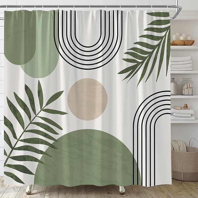 Mid Century Modern Shower Curtain Boho Sage Green Abstract Retro Aesthetic Fabric for Bathroom Decor Bathtub with Hooks (59" WX70 H)