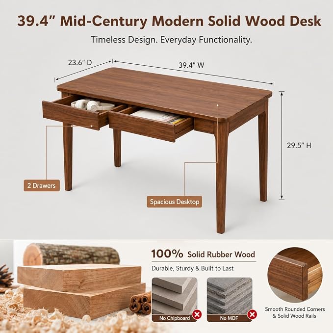 Mid Century Modern Desk with Drawers,39.4 inch Solid Wood Writing Desk for Home Office Bedroom,Small Computer Desk for Spaces Easy Assembly Walnut