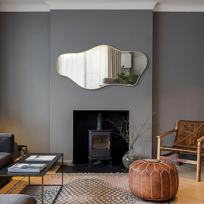Gold Irregular Wall Mirror, 47.5"x24" Asymmetrical Tempered Glass Mirror Decorative, Modern Abstract Frameless Mirrors for Living Room Bathroom Bedroom Hallway Entryway, Horizontal or Vertical Hanging