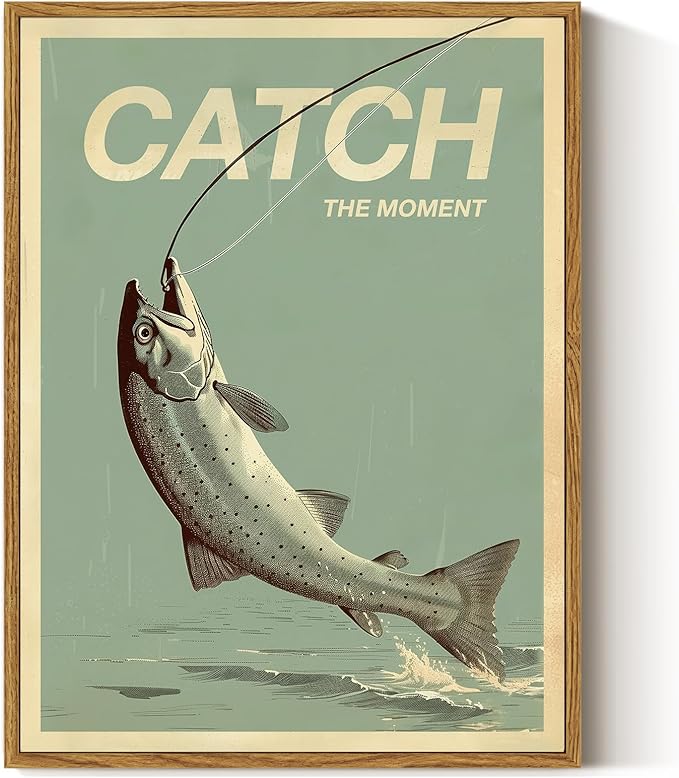 ARPEOTCY Vintage Framed Canvas Wall Art, Vintage Wall Art for Living Room, Catch The Moment Fish Animal Bathroom Picture Decor, Birthday Fathers Day Christmas Fishing Gifts for Men (12x16 Inch)