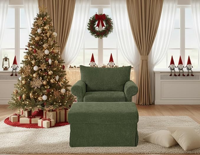 35.8" Chenille Accent Chair with Ottoman Set, Comfy Upholstered Armchair with Rolled Arms, Modern Single Reading Chair for Living Room, Bedroom, Apartment, Green
