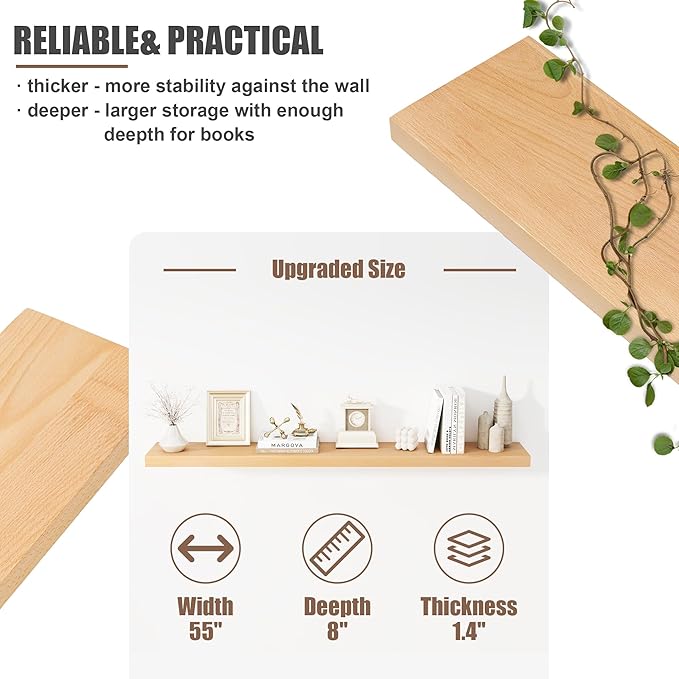 Floating Shelves for Wall, USA-Sourced Beech Wood 55 Inch Long Wall Shelves, Natural Wooden Mounted Picture Ledge Shelf, Nursery Book Storage Shelf Kids Bookshelf, Display Shelf for Bathroom