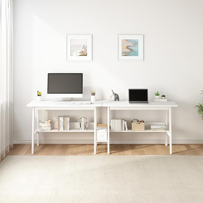 2-Person Writing Desk with Bookshelf - 79" Wooden Extra Long Home Office Work Table, Double Study Computer Workstation with Storage Shelves in White, 79" W x 24" D